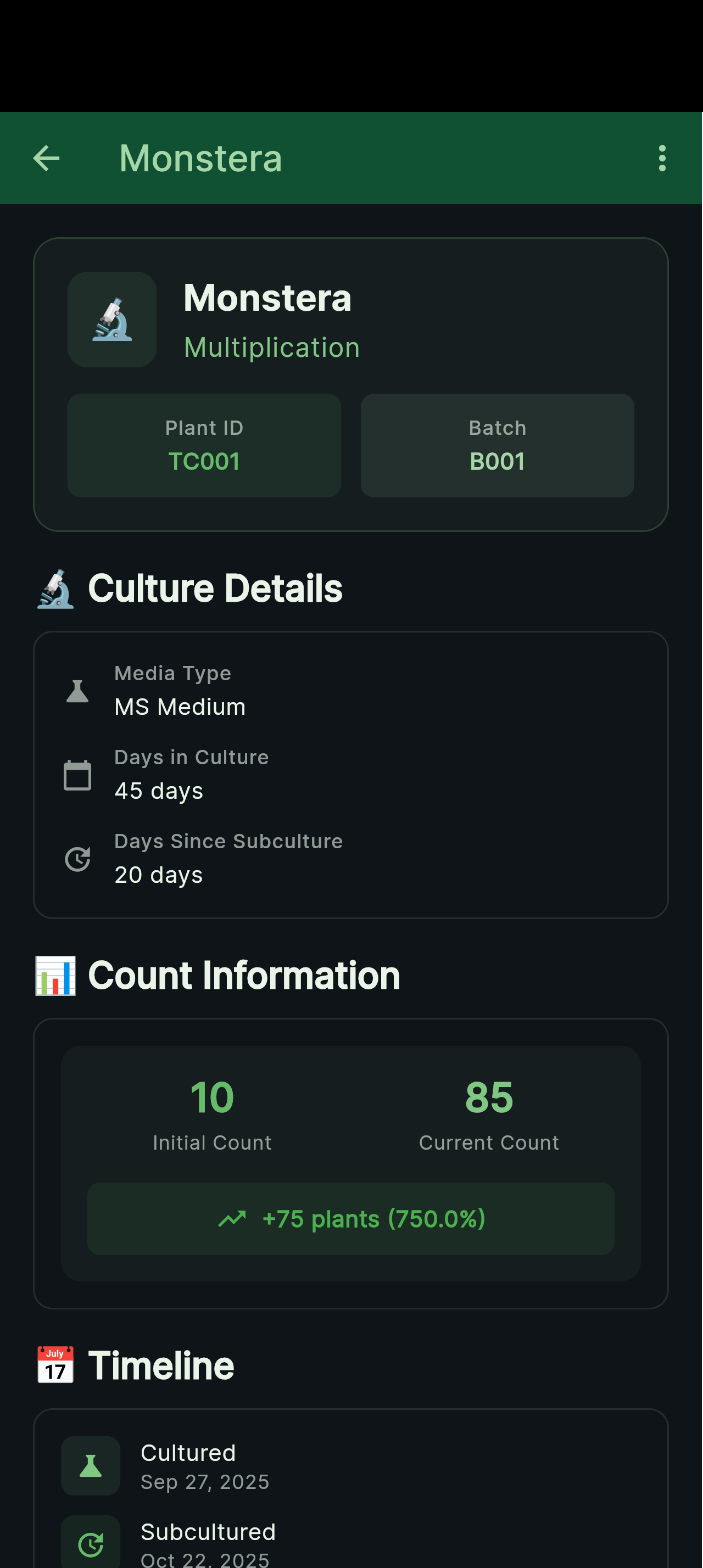 Verdant Lab culture detail view with parent lineage and medium data