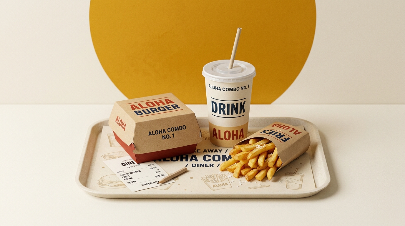 Aloha Menu fast-casual combo meal packaging kit with burger box, cup, and order ticket