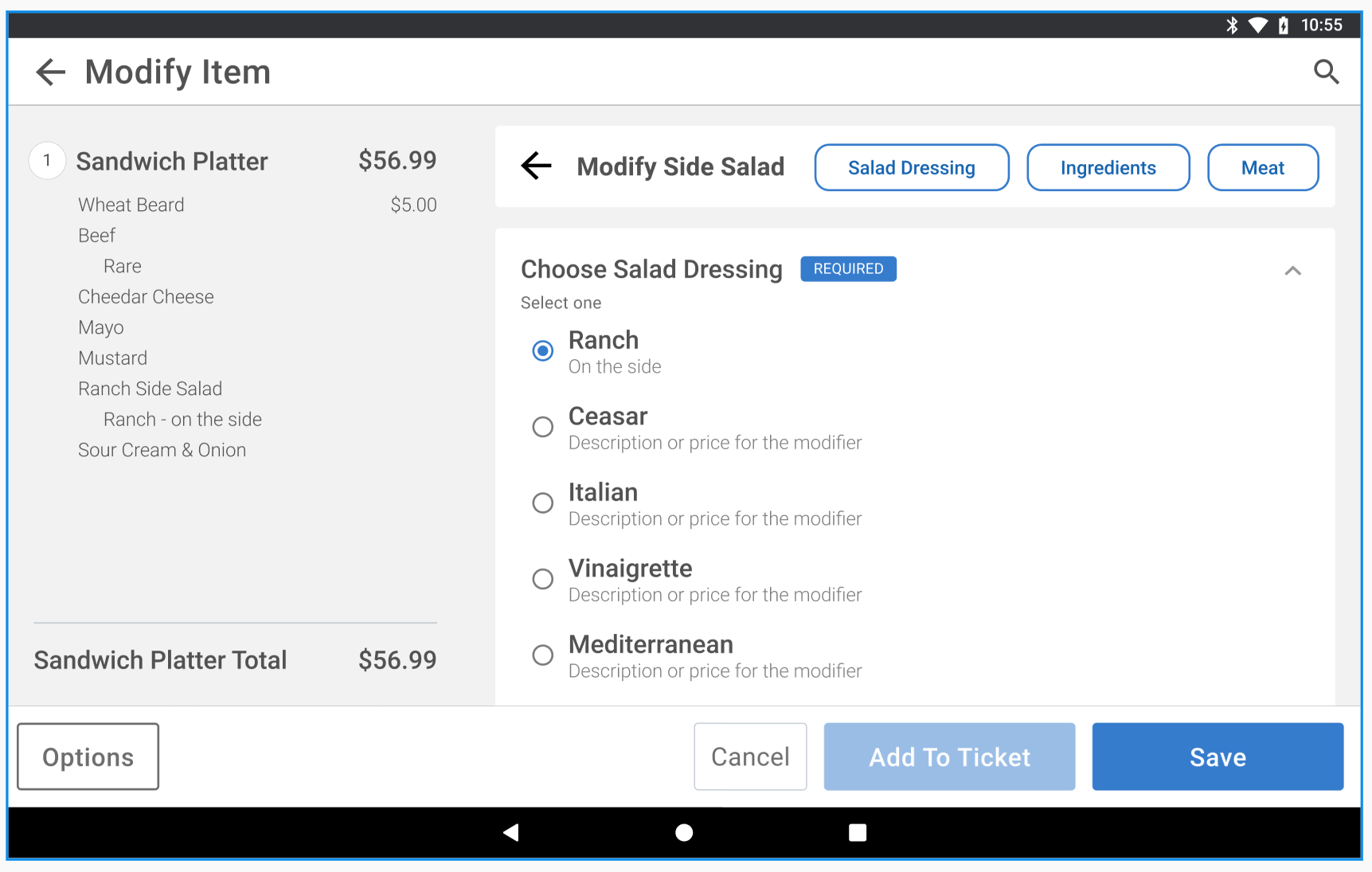 Nested modifier interface with breadcrumb navigation