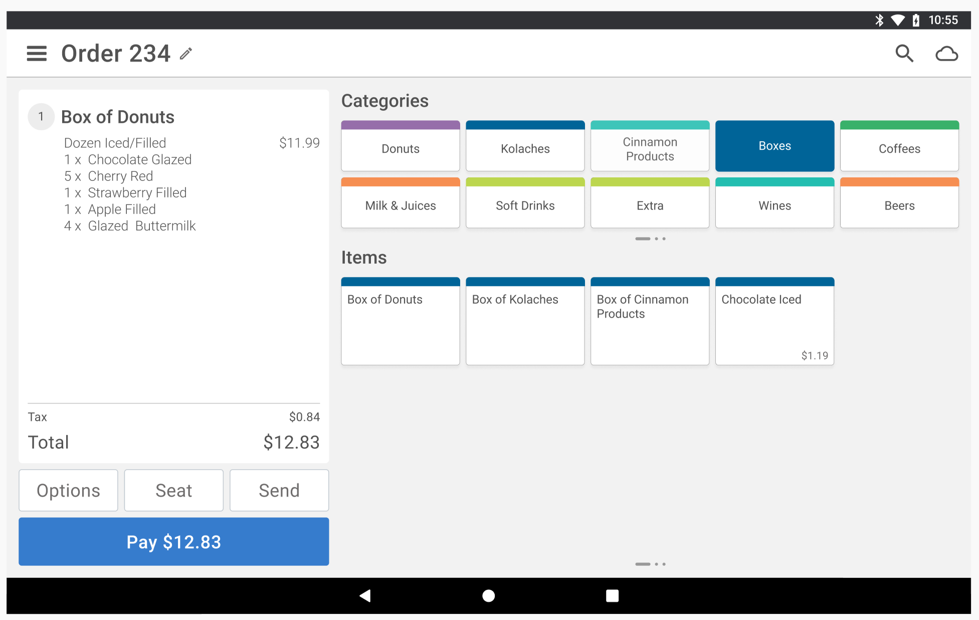 Aloha Cloud POS order entry interface showing menu item grid, modifier architecture, and card-based ticket layout