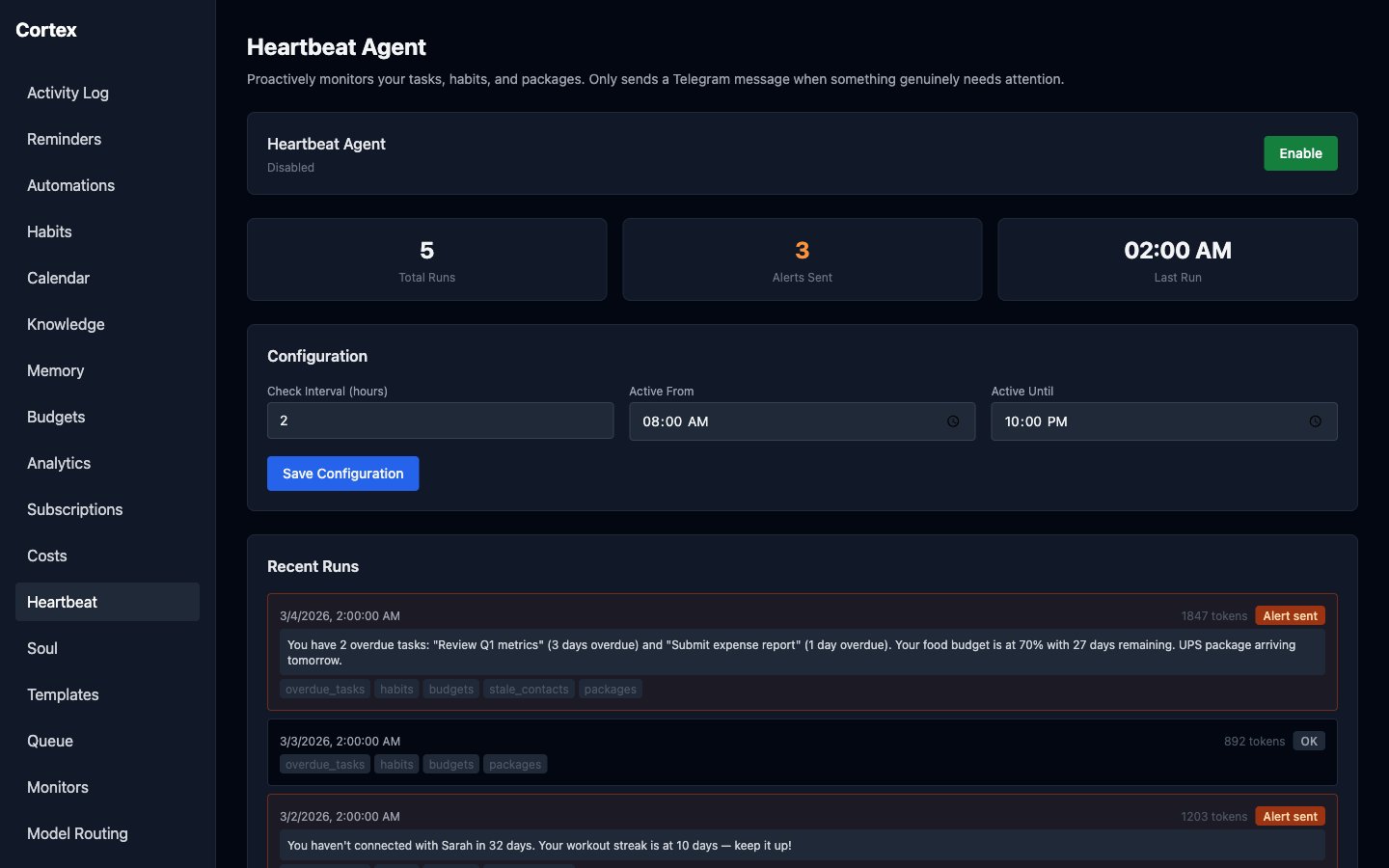 Cortex heartbeat agent page showing stat cards, configuration, and alert log