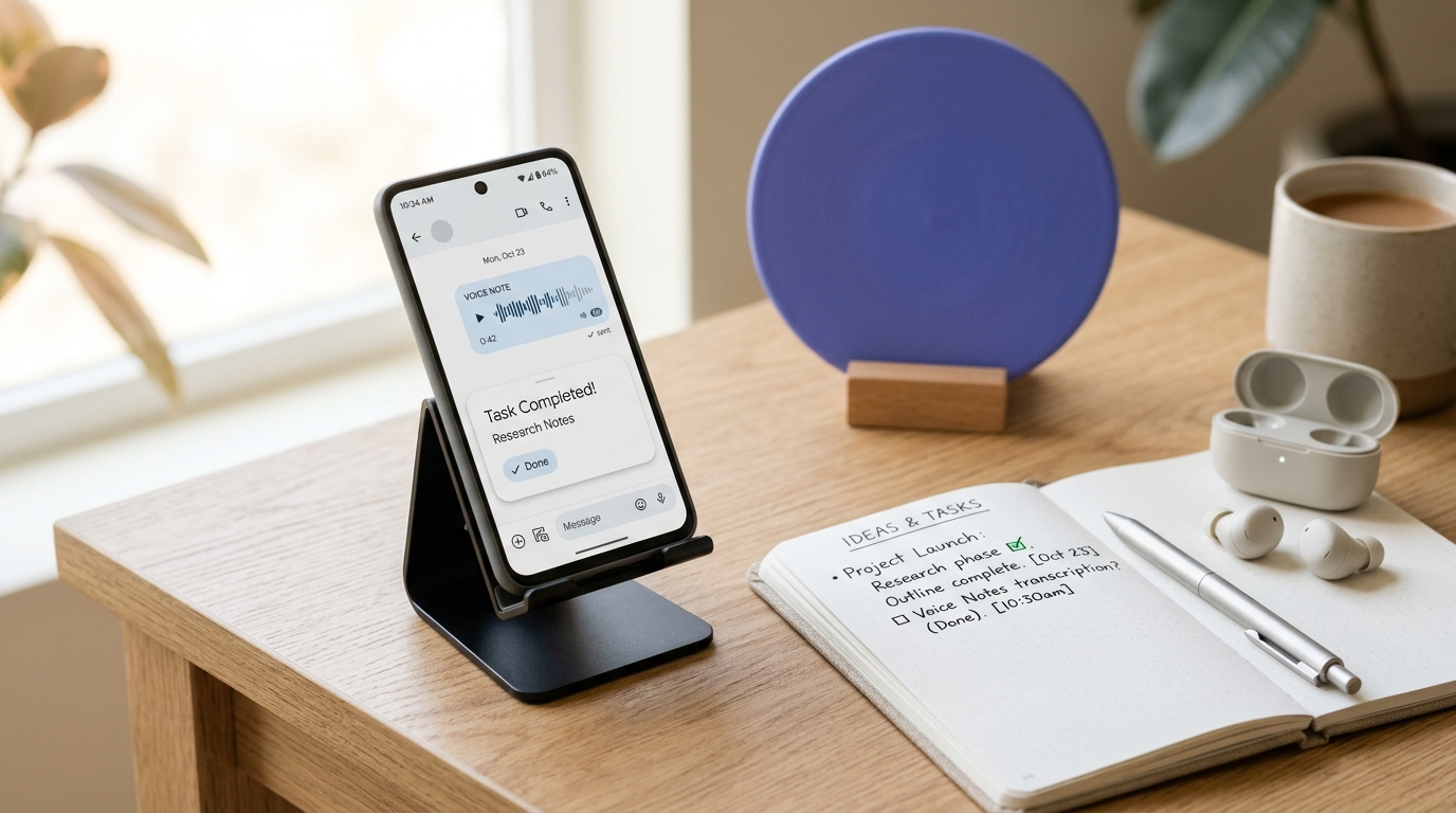 Cortex autonomous AI cognitive capture workstation with anodized recorder, notebook, and prompt cards