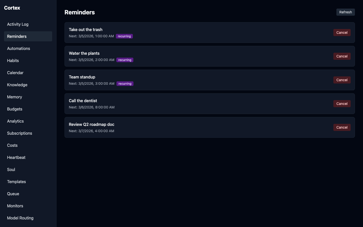 Cortex reminders page showing active reminders with recurring badges and next-fire timestamps