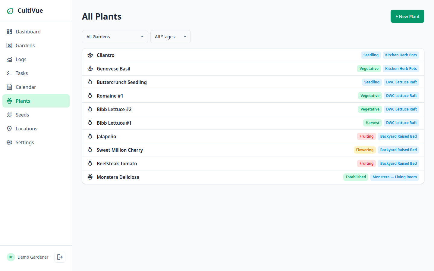CultiVue plants management showing growth stage badges and species names