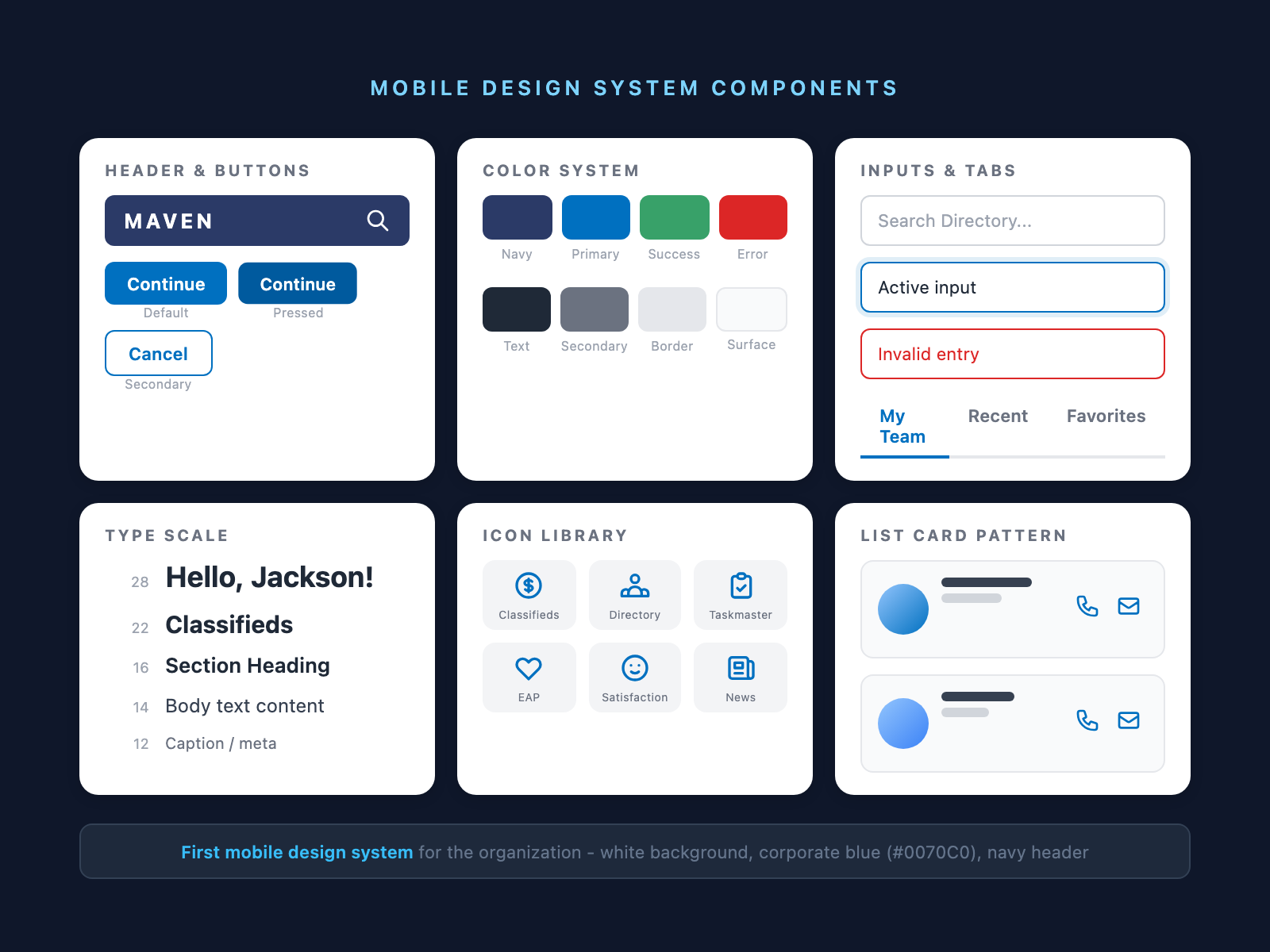 Mobile design system components showing button states and tokens