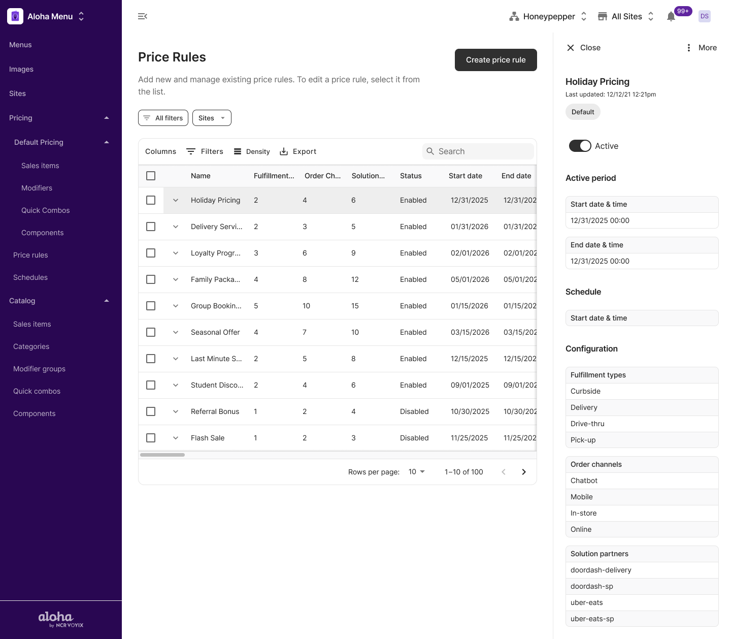 Price rules configuration interface