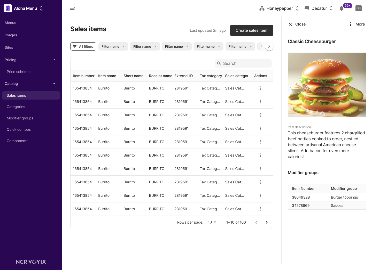 Central sales item matrix interface