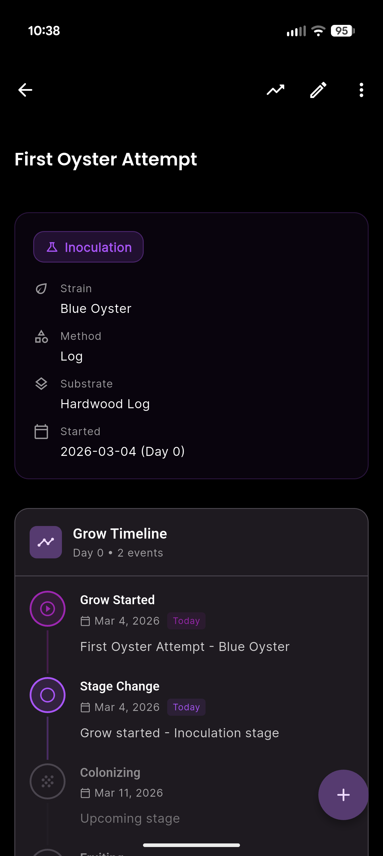 Grow detail screen for First Oyster Attempt showing Blue Oyster strain, inoculation stage, and grow timeline with events