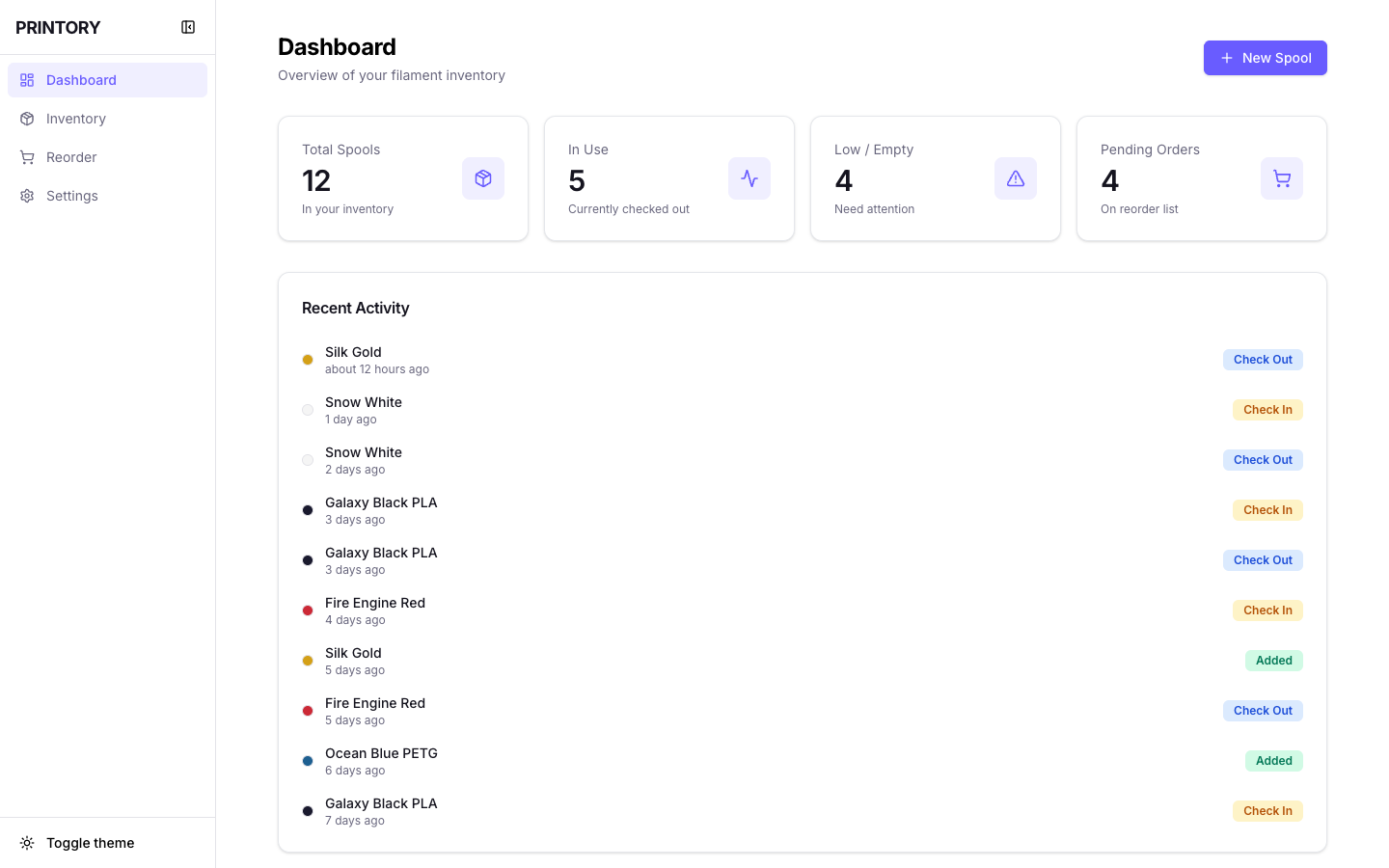 Printory dashboard with stat cards for total spools, in use, low/empty, and pending orders, plus recent activity feed