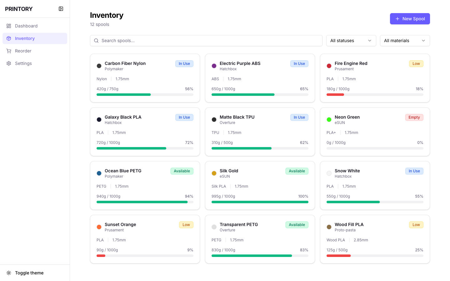 Printory web app inventory showing 12 filament spools in a 3-column card grid with color dots, status badges, material types, weight progress bars, and search/filter controls