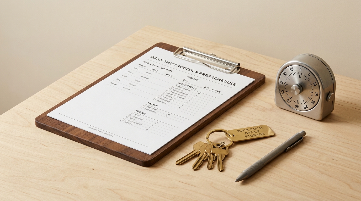 Restaurant shift management workstation with shift roster clipboard, kitchen timer, keys, and pen