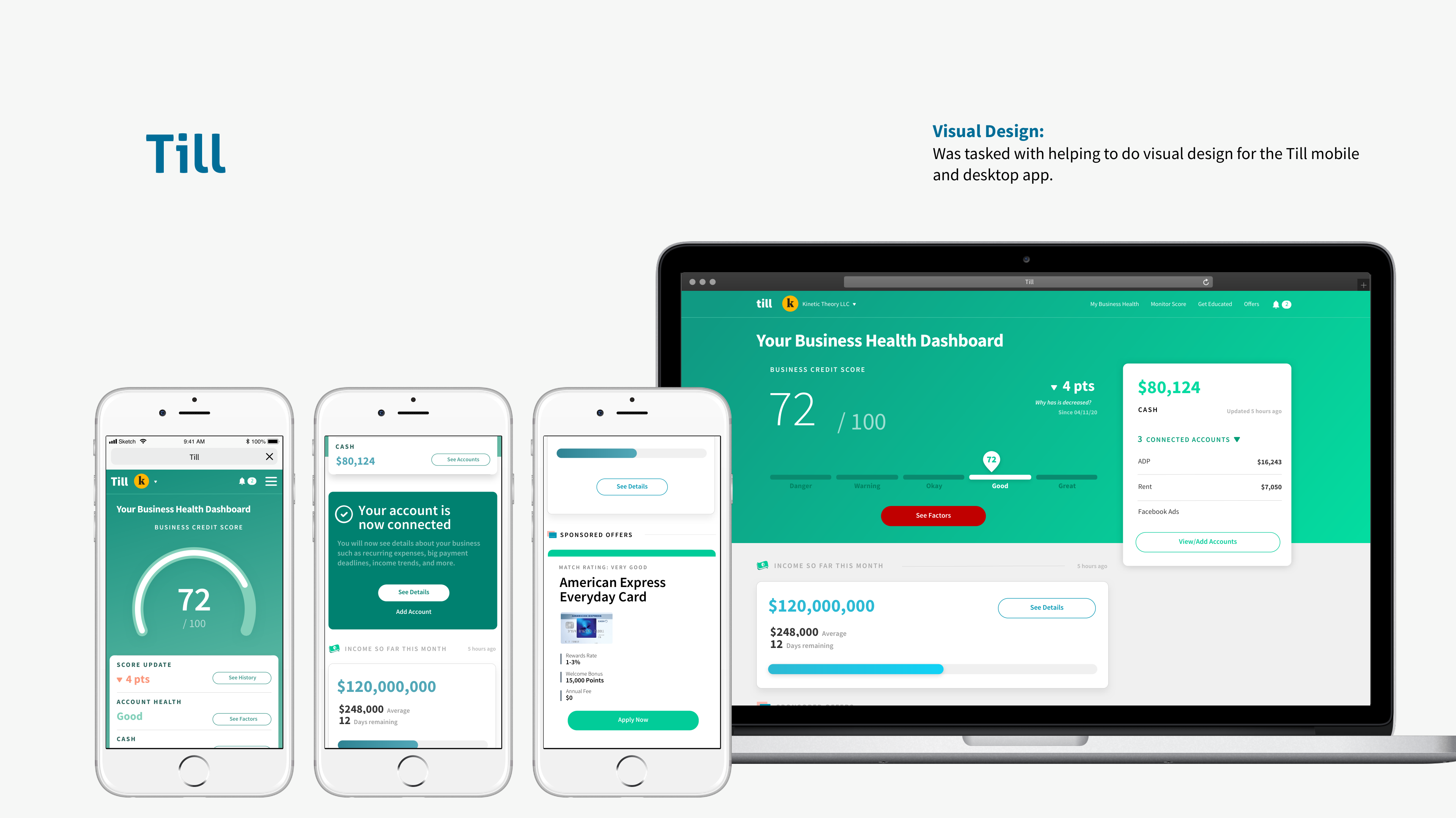 Till Business Health Dashboard visual design across mobile iOS and responsive desktop