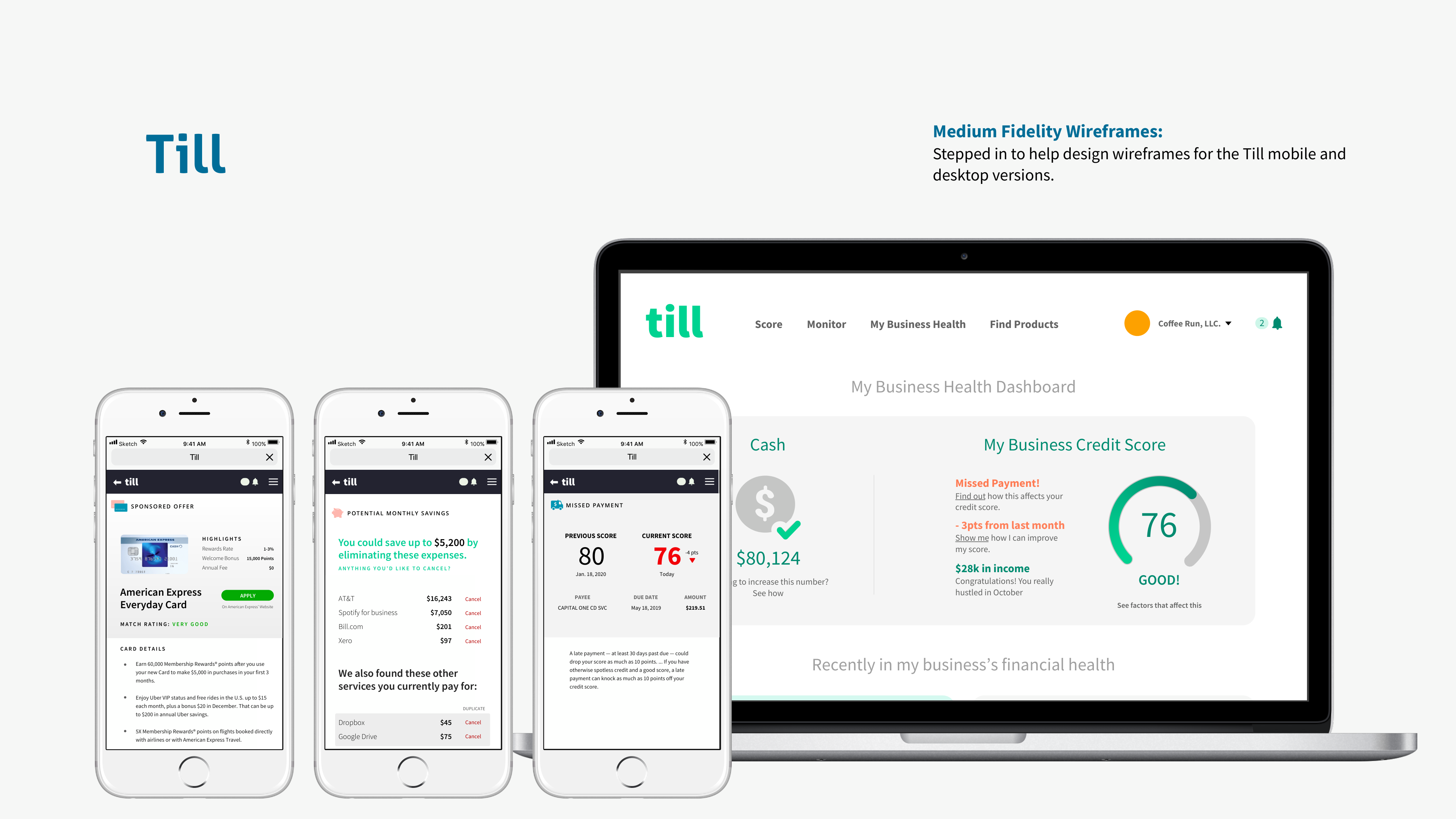 Medium-fidelity wireframes for mobile and desktop Business Health Dashboard