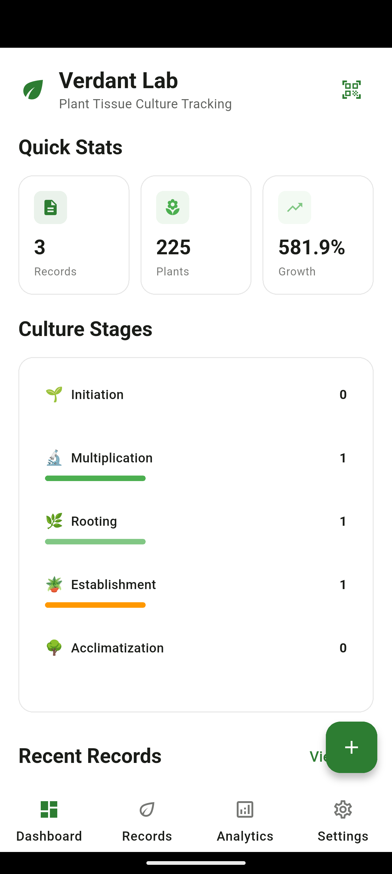 Verdant Lab app dashboard showing tissue culture tracking and hierarchical lineage management